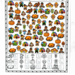 Brightly colored Thanksgiving I Spy printable worksheet featuring icons like turkeys, pies, and corn with numbered boxes.