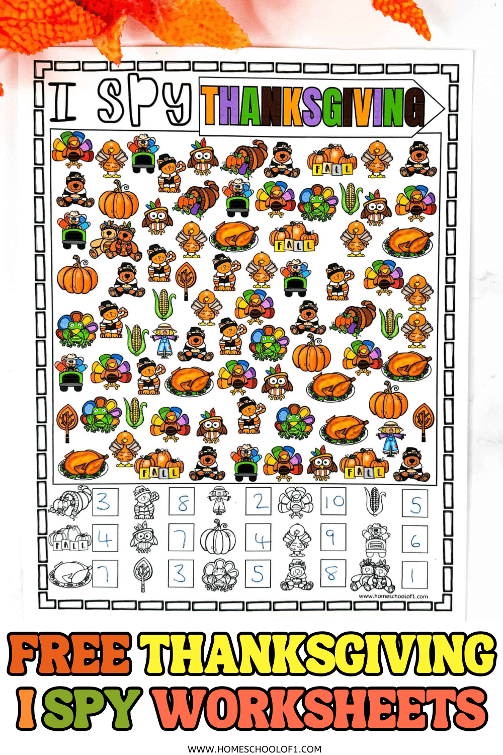 Brightly colored Thanksgiving I Spy printable worksheet featuring icons like turkeys, pies, and corn with numbered boxes.