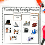 Colored version of a Thanksgiving then and now worksheet with cut-and-paste images sorted into “Then” and “Now” boxes, using glue and crayons.