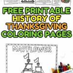 Free printable history of Thanksgiving coloring pages for kids featuring Mayflower, Pilgrims, and Native Americans.