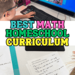 Side-by-side shots show a student using a desktop math program involving graphing equations and later reviewing printed geometry worksheets about points, angles, and rays. The bold text overlay reads “BEST MATH HOMESCHOOL CURRICULUM.”