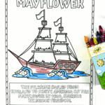 Free Mayflower coloring page showing the ship that carried the Pilgrims to North America in 1620.