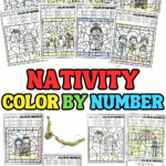 Free nativity color by number printables for kids featuring the manger, Mary and Joseph, angels, wise men, shepherds, and Bethlehem scenes.