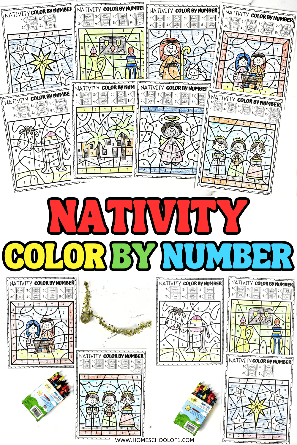 Free nativity color by number printables for kids featuring the manger, Mary and Joseph, angels, wise men, shepherds, and Bethlehem scenes.