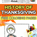 Printable Thanksgiving story coloring page featuring a Pilgrim girl and a turkey with educational text.