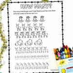 How Many? worksheet with reindeer images to count and color, plus Crayola crayons