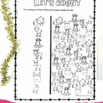 Let's Count worksheet with two columns of reindeer images in black and white