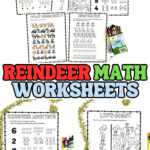 Six printable reindeer-themed math worksheets with crayons and festive decorations