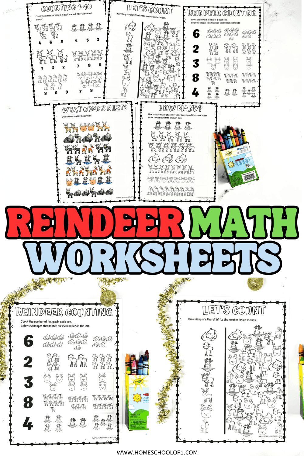 Six printable reindeer-themed math worksheets with crayons and festive decorations