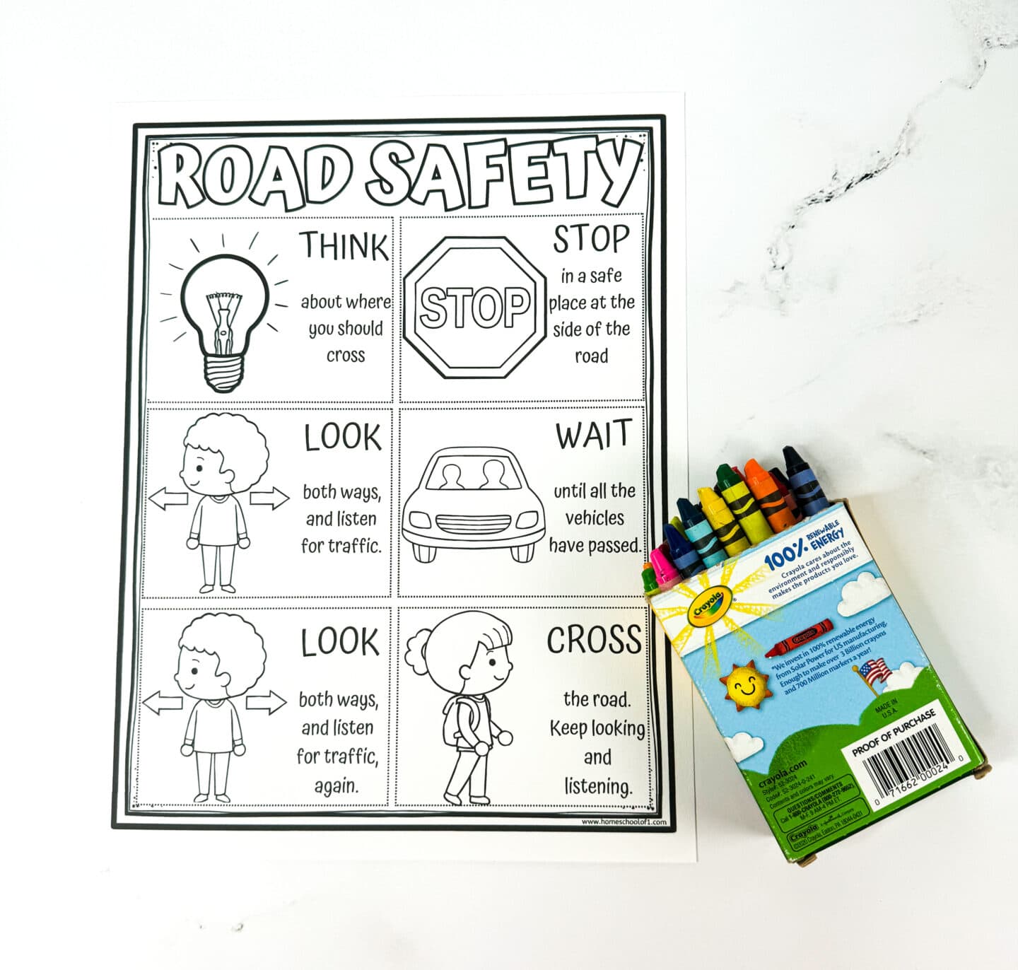 Black and white printable road safety worksheet for kids featuring simple line drawings and step-by-step instructions like “THINK about where you should cross,” “LOOK both ways and listen for traffic,” and “CROSS the road. Keep looking and listening.” A box of colorful Crayola crayons is placed next to the worksheet, suggesting it’s ready to be colored in.