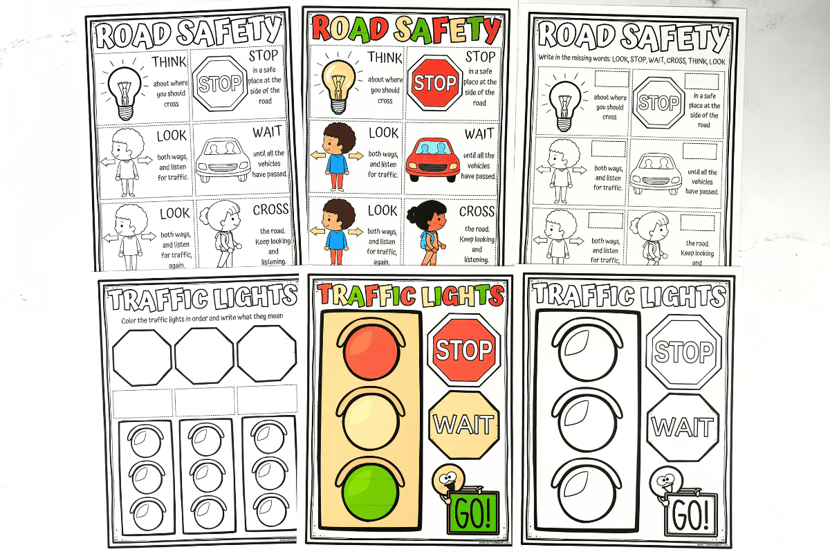 A collection of six printable road safety worksheets for kids, focusing on traffic lights and pedestrian safety. Activities include coloring traffic lights in the correct order, matching signals like "STOP," "WAIT," and "GO" with the appropriate light, and practicing safety steps like "THINK," "LOOK," "WAIT," and "CROSS" using illustrated prompts.
