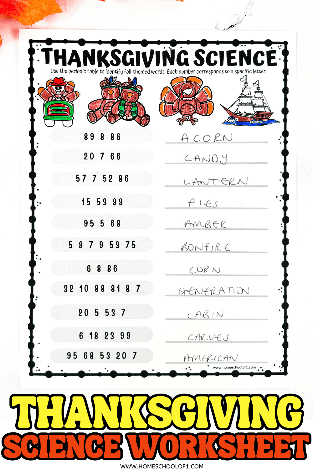 Completed Thanksgiving science worksheet with periodic table code and fall-themed words like acorn, candy, and lantern written out, decorated with colorful turkeys and a pilgrim ship.