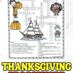 Thanksgiving crossword printable featuring fall-themed images, crossword clues, and answers for kids to solve and color.