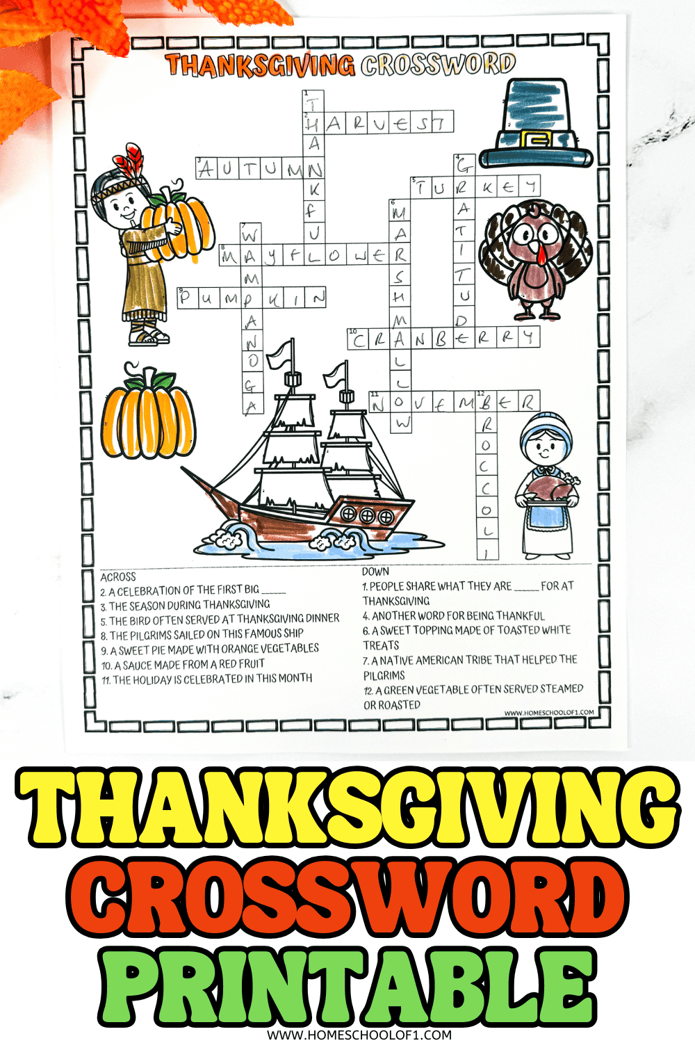 Thanksgiving crossword printable featuring fall-themed images, crossword clues, and answers for kids to solve and color.


