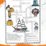 Free printable Thanksgiving crossword puzzle for kids with colorful illustrations and themed vocabulary clues.