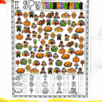Colorful completed Thanksgiving I Spy worksheet with bright fall-themed icons and answer boxes at the bottom.