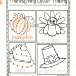 Thanksgiving letter tracing worksheet with dotted images of a pumpkin, turkey, pie, and pilgrim hat for kids to trace and color.
