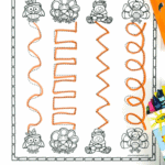 Thanksgiving line tracing worksheet with dotted zigzag and spiral paths for kids to trace and color.