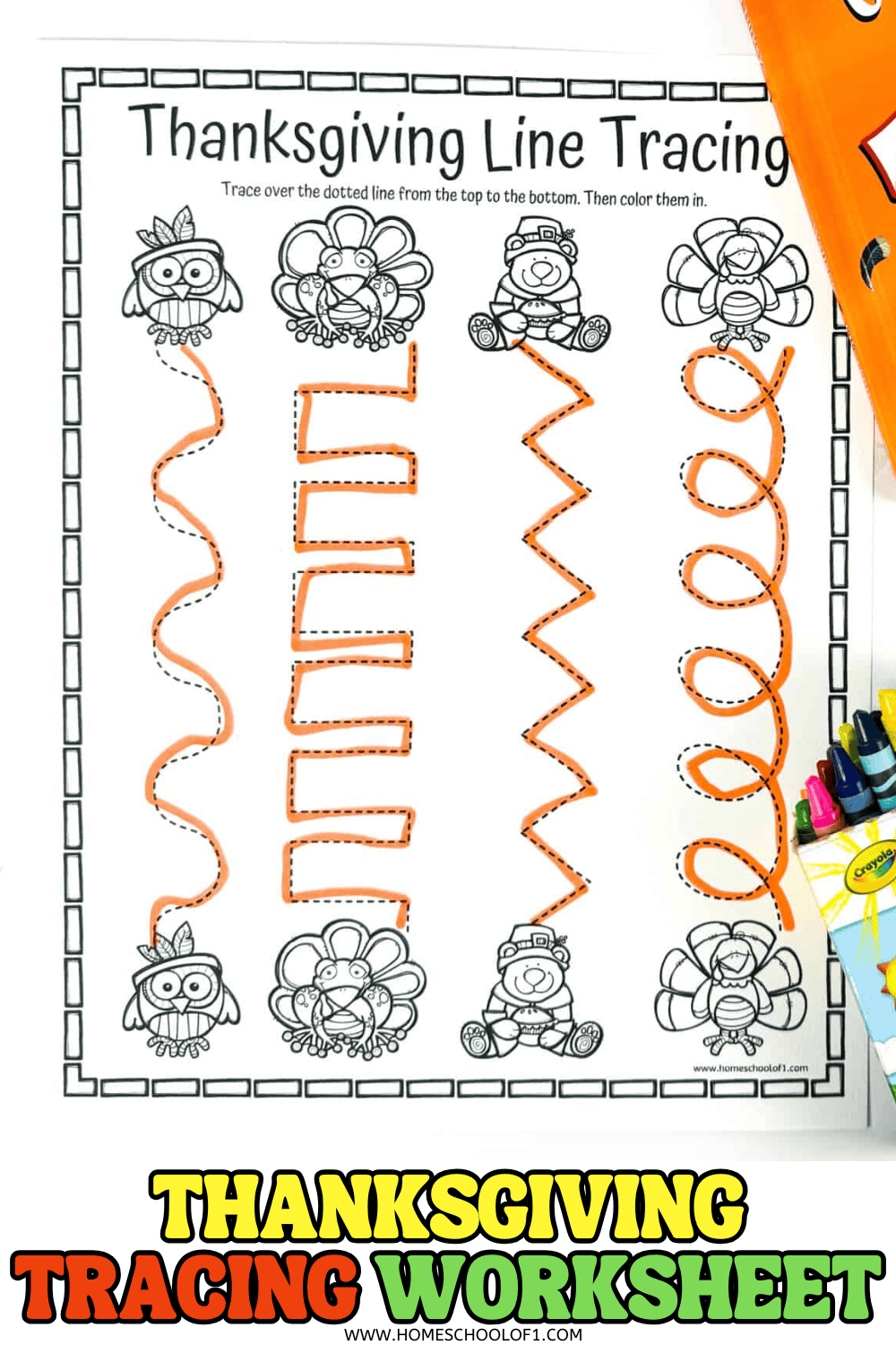 Thanksgiving line tracing worksheet with dotted zigzag and spiral paths for kids to trace and color.

