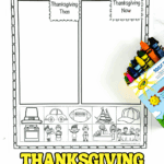 Black-and-white Thanksgiving then and now worksheet with cut-and-paste sorting boxes for kids to color, featuring historical and modern Thanksgiving images.