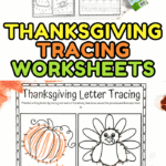 Five-page set of Thanksgiving tracing worksheets including lines, letters, and festive holiday images for preschoolers.