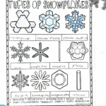 Printable coloring worksheet showing twelve different types of snowflakes, with some examples colored in.