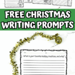 Christmas writing prompt worksheet asking ‘What is your favorite holiday tradition and why?’ with tinsel and tree illustration.