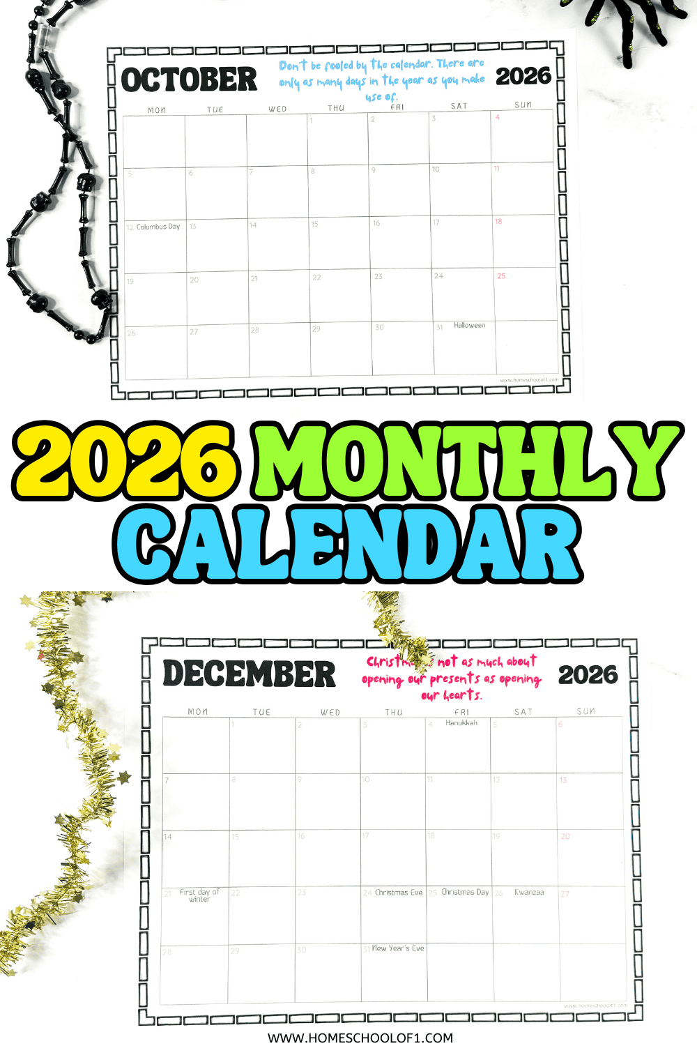 Printable 2026 monthly calendar pages for October and December with U.S. holidays included, designed for kids and families.