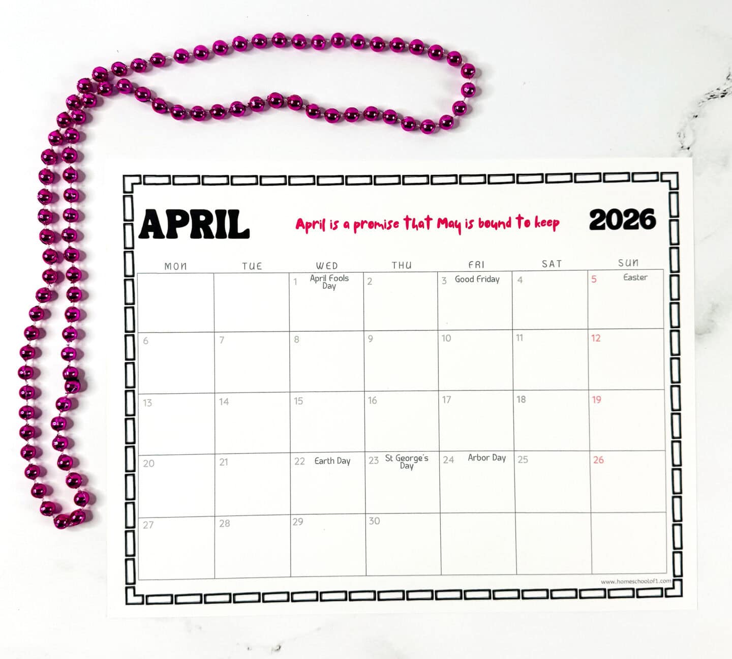 April 2026 printable calendar page with Earth Day, Easter, April Fools' Day, and Arbor Day, styled with pink bead garland.