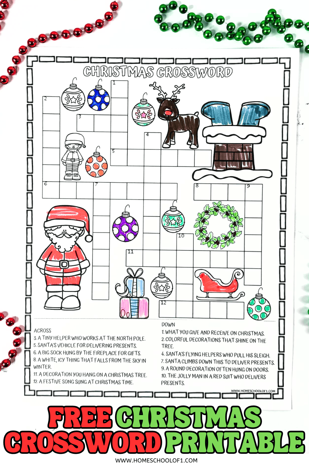 Festive Christmas crossword printable for kids featuring Santa, ornaments, reindeer, and clue-based vocabulary learning.

