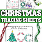 Printable Christmas letter tracing worksheet with Santa, stocking, wreath, and gifts for preschool handwriting practice.