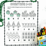 Printable Christmas counting worksheet with images of gifts, elves, trees, and reindeer for number recognition and coloring practice.