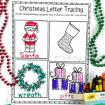 Pre-writing Christmas worksheets with line tracing and letter practice featuring festive images like stockings, Santa, and gifts.