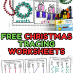 Christmas prewriting worksheets with dotted tracing lines and themed clip art including reindeer, elves, Santa, and candy canes.