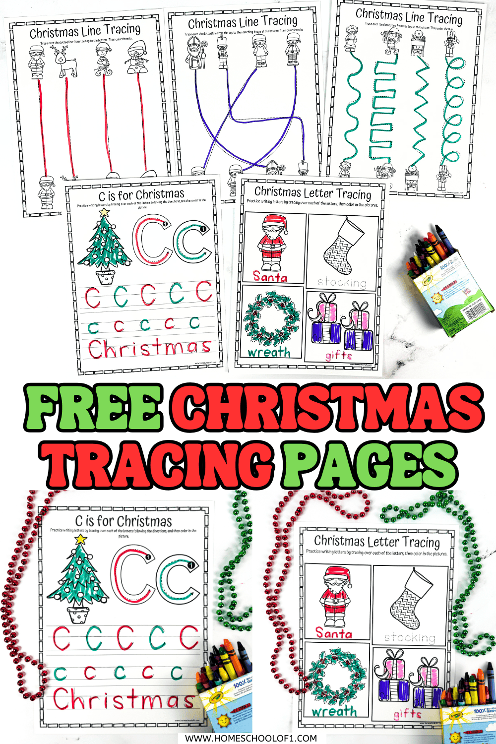 Free Christmas tracing worksheets with Santa, reindeer, letters, and festive images for preschool fine motor skills practice.

