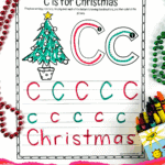 Preschool Christmas tracing sheets with uppercase letters, festive line patterns, and holiday-themed coloring elements.