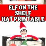 Two framed family photos with printable elf hats taped onto each person, and an Elf on the Shelf sitting above.