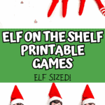 Collage of Elf on the Shelf dolls holding tiny Christmas-themed games like word scramble, word search, and mini Bingo cards.