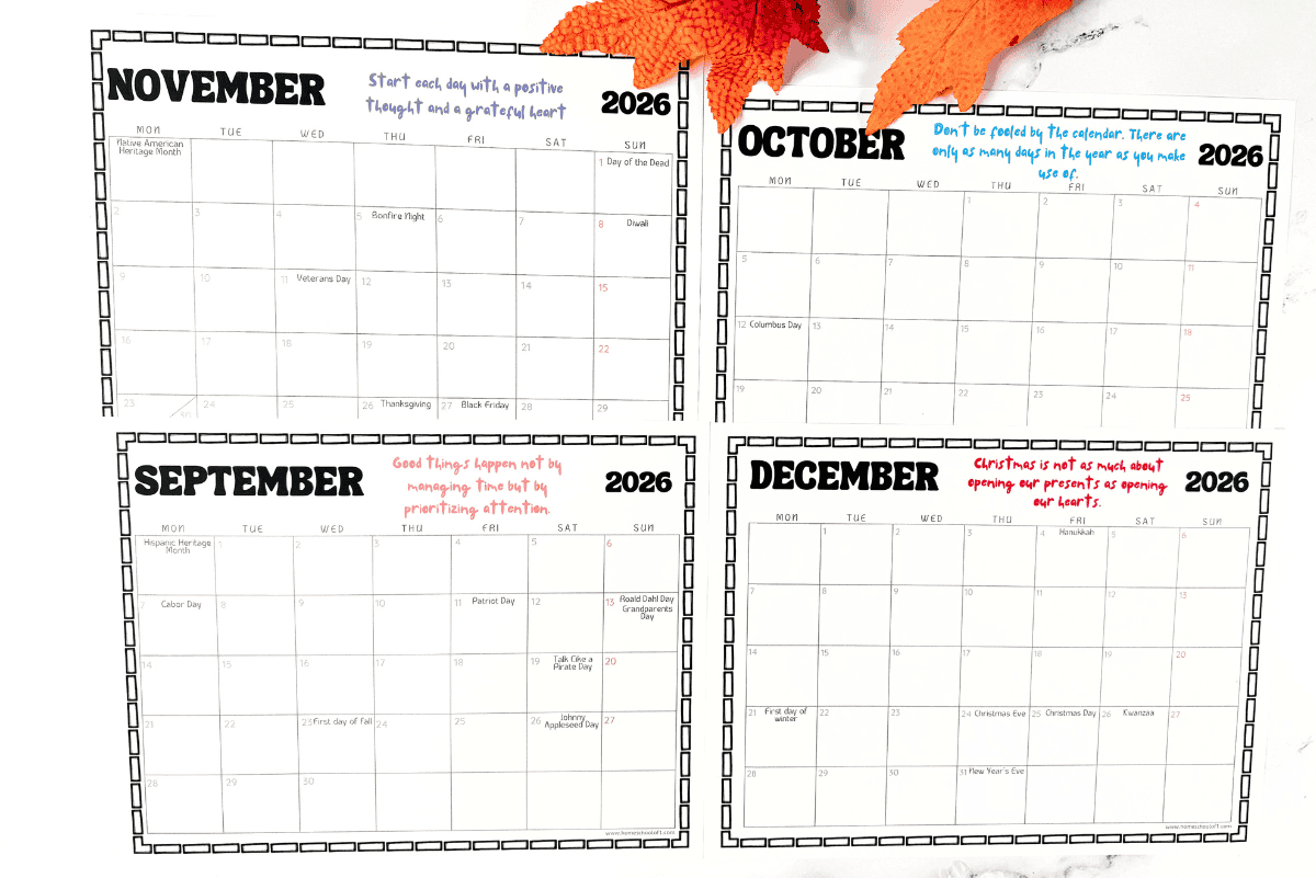2026 printable calendar pages for September, October, November, and December with holidays and seasonal quotes.