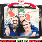 Elf on the Shelf perches above a framed family photo decorated with printable elf hats.