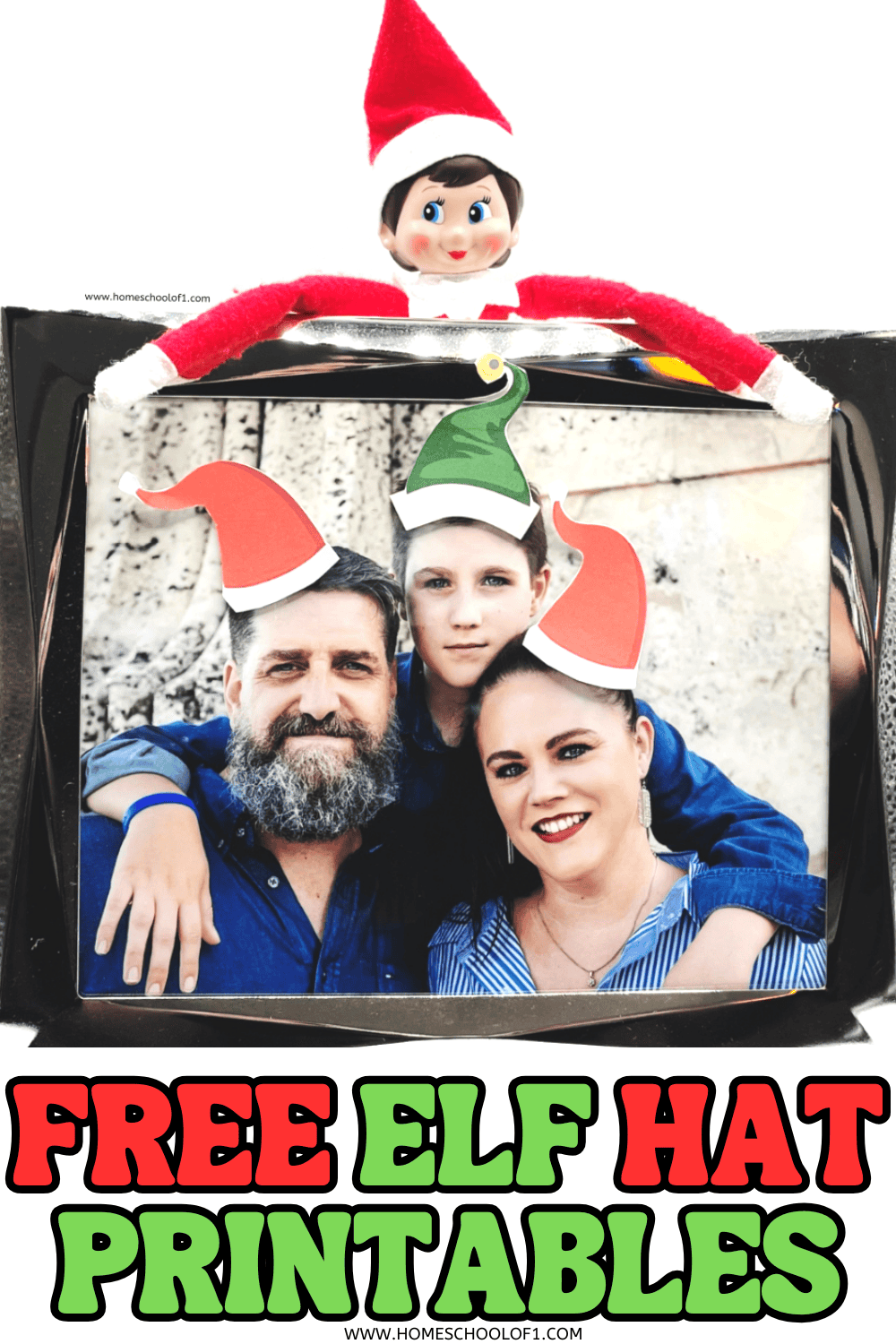 Elf on the Shelf perches above a framed family photo decorated with printable elf hats.