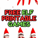 Three Elf on the Shelf dolls set up with mini holiday games like Christmas Scattergories, Bingo, and word puzzles in a vertical collage format.