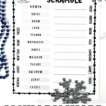 A January word scramble worksheet with winter-themed scrambled words, blank answer lines, and seasonal decorations like snowflakes and beads.