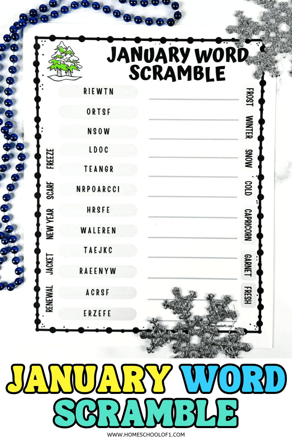 A January word scramble worksheet with winter-themed scrambled words, blank answer lines, and seasonal decorations like snowflakes and beads.