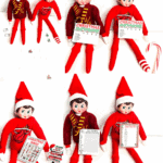 Miniature Elf on the Shelf printable games including Scattergories, Bingo, word search, and word scramble shown with elves holding the tiny game cards.