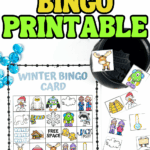 Printable winter bingo card for kids featuring colorful illustrations like snowmen, mittens, raccoons, and pine trees.