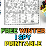 Set of free winter I Spy printables for kids including color and black-and-white activity sheets with snow and animal illustrations.