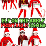 Elf on the Shelf dolls posed with miniature Christmas printable games, including Scattergories, Bingo, word search, and word scramble.