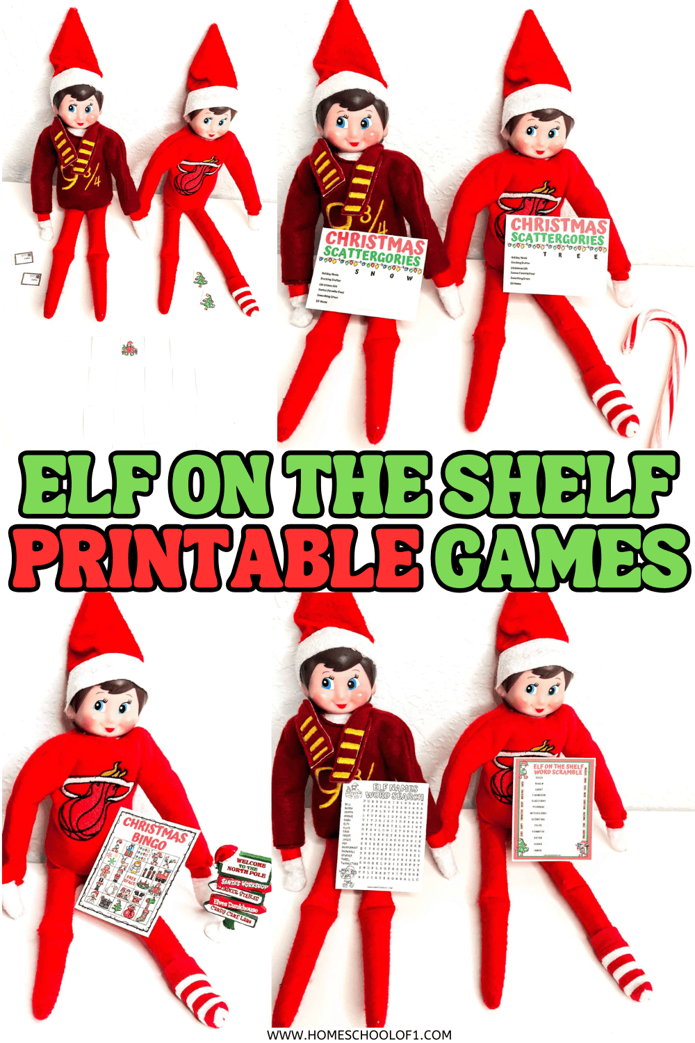 Elf on the Shelf dolls posed with miniature Christmas printable games, including Scattergories, Bingo, word search, and word scramble.