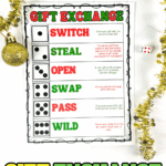 Printable gift exchange dice game with festive Christmas rules for swapping, stealing, and unwrapping gifts during a holiday party.